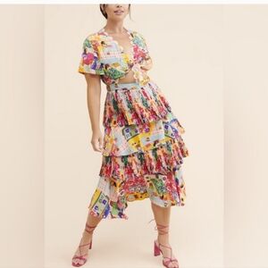 CeliaB In Bloom Tiered Midi Cut Out Floral City Print Dress Size Medium
